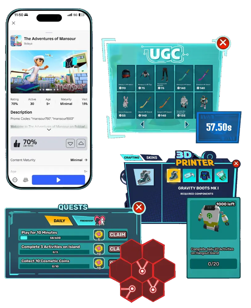 Mansour on Roblox: store listing, UGC catalogue, 3D printer and quest board